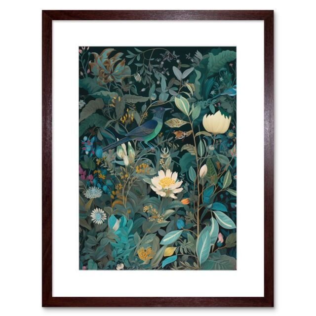 "Artery8 Wall Art Print Audubon Style Birds in Blooming Wildflower Field Artwork Framed 9X7 Inch in Brown - Size: W7"" x H9""" - image 1