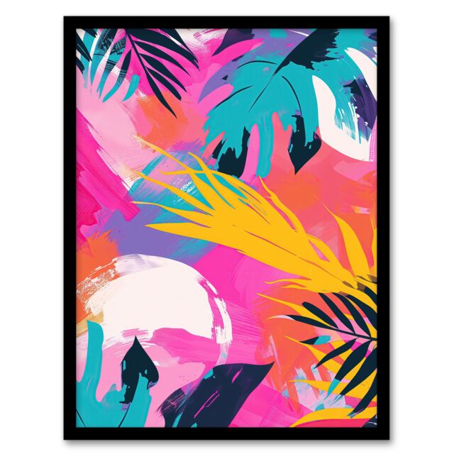 "Artery8 Wall Art Print Abstract Bright & Bold Leaves Tropical Painting Art Framed Poster in Black - Size: W12"" x H16""" - image 1