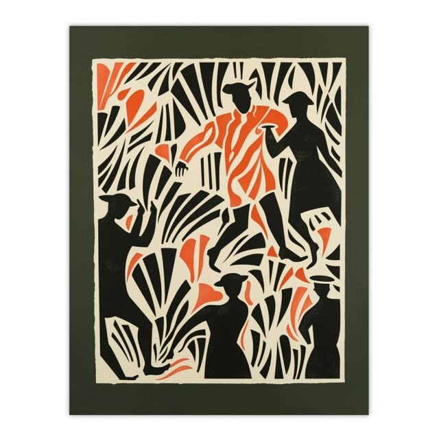 "Artery8 Dancing Folk Bold Red Black Linograph Design Wall Art Print - Size: W18"" x H24""" - image 1