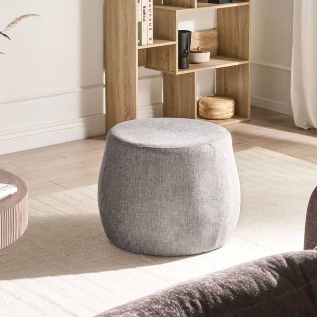 Wyld and Coco Light Grey Round Fabric Pouffe with Eucalyptus Wood Base - image 1