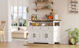 BTM Sideboard Cabinet Coffee Bar Storage Drawers Shelves Farmhouse in White - thumbnail 9