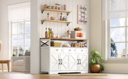 BTM Sideboard Cabinet Coffee Bar Storage Drawers Shelves Farmhouse in White - thumbnail 8