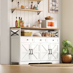 BTM Sideboard Cabinet Coffee Bar Storage Drawers Shelves Farmhouse in White - thumbnail 1