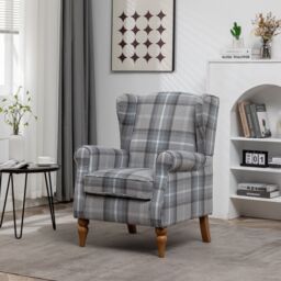 FURNITURE ONE Retro Accent Chair, Soft Padded Fabric Wingback Tartan Armchair in Grey - Size: 1 Pack - thumbnail 1