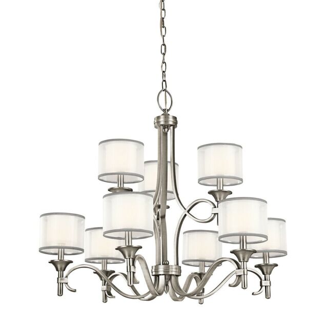 Loops 9Chandelier LIght WHITE ORGANAZA Shade Antique Pewter LED E14 60W
