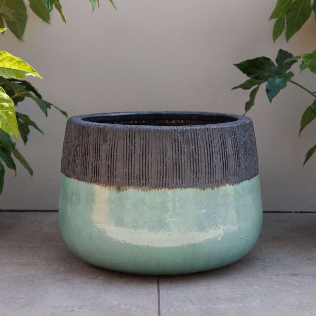 Primrose Low Round Glazed Brooklyn Outdoor Planter in Two Tone 40cm in Blue - image 1