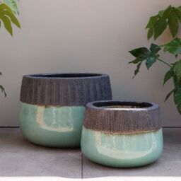 Primrose Low Round Glazed Brooklyn Outdoor Planter in Two Tone 40cm in Blue - thumbnail 4
