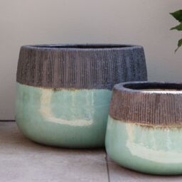 Primrose Low Round Glazed Brooklyn Outdoor Planter in Two Tone 40cm in Blue - thumbnail 8