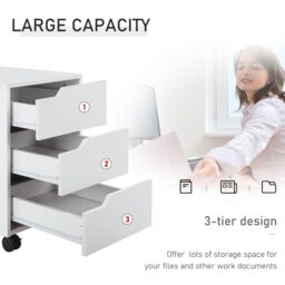 HOMCOM Mobile File Cabinet w/ 3 Drawers Locking Wheels Metal Rails in White - thumbnail 4