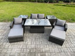 Fimous High Back Rattan Garden Furniture Sofa Sets with Height Adjustable Rising Lifting Table 2 Side Tables 2 Big Footstool in Dark Grey - thumbnail 1