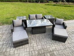 Fimous High Back Rattan Garden Furniture Sofa Sets with Height Adjustable Rising Lifting Table 2 Side Tables 2 Big Footstool in Dark Grey - thumbnail 2
