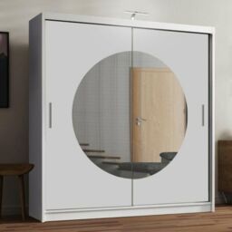 Sliding Wardrobes 4U Circle Mirror Sliding Door Wardrobe with LED Light 150cm X 217cm in White - Size: 150 cm X 217 cm