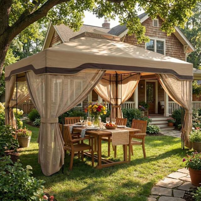 OUTSUNNY 3 x 3.6 m Garden Gazebo with Shelves, UPF50+ Permanent Gazebo in Khaki - Size: 3m x 4m
