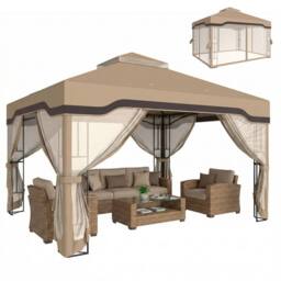 OUTSUNNY 3 x 3.6 m Garden Gazebo with Shelves, UPF50+ Permanent Gazebo in Khaki - Size: 3m x 4m - thumbnail 2