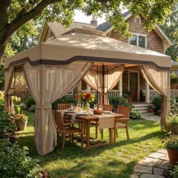 OUTSUNNY 3 x 3.6 m Garden Gazebo with Shelves, UPF50+ Permanent Gazebo in Khaki - Size: 3m x 4m - thumbnail 1