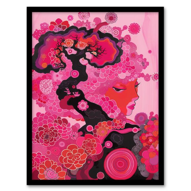 "Artery8 Gaia Hot Pink Conceptual Folk Floral Painting Framed Wall Art - Size: W12"" x H16""" - image 1