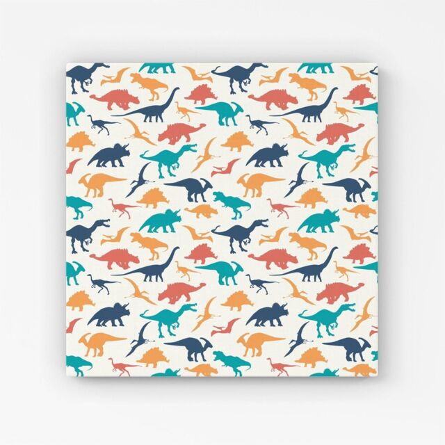 "Warren Reed - Designer Multicoloured Dinosaurs Canvas in Blue - Size: W30"" x H30""" - image 1