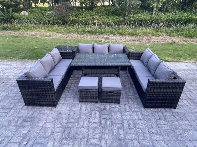 Fimous 11 Seater Outdoor PE Wicker Garden Furniture Rattan Lounge Sofa Set Rectangular Dining Table with 2 Stool in Dark Grey - image 1