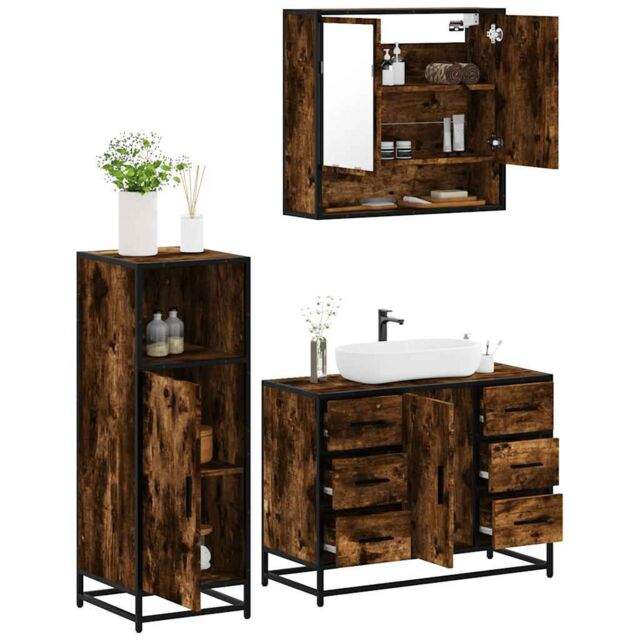 Berkfield Home 3 Piece Bathroom Furniture Set Smoked Oak Engineered Wood in Brown - image 1