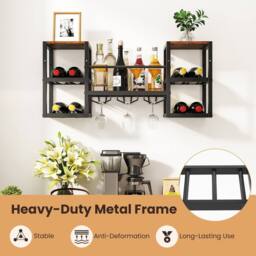 Costway Wall Mounted Wine Rack 3-Tier Kitchen Floating Shelf w/Glass Holder in Brown - thumbnail 5