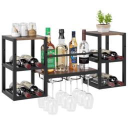 Costway Wall Mounted Wine Rack 3-Tier Kitchen Floating Shelf w/Glass Holder in Brown