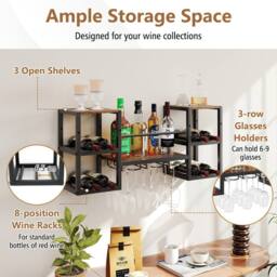 Costway Wall Mounted Wine Rack 3-Tier Kitchen Floating Shelf w/Glass Holder in Brown - thumbnail 4