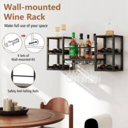Costway Wall Mounted Wine Rack 3-Tier Kitchen Floating Shelf w/Glass Holder in Brown - thumbnail 3