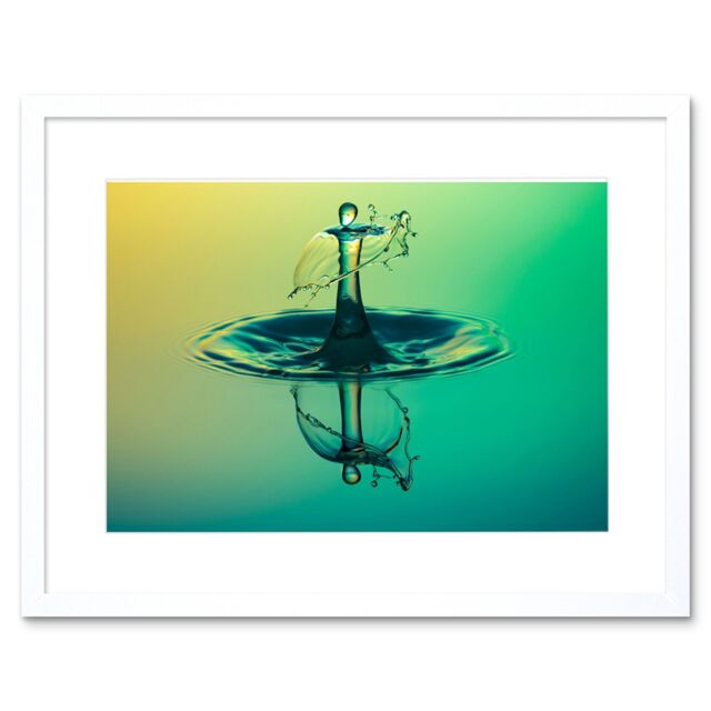 "Artery8 Wall Art Print Water Droplet Splash Green Framed in White - Size: W7"" x H9""" - image 1