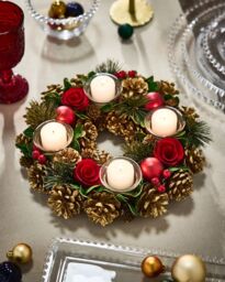 Dibor Berries & Baubles Red Round Table Centrepiece Christmas Decoration Candle Holders Tealight Holder 30cm in Gold