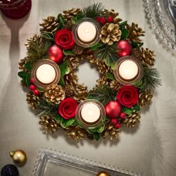 Dibor Berries & Baubles Red Round Table Centrepiece Christmas Decoration Candle Holders Tealight Holder 30cm in Gold - thumbnail 2