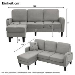 Merax 166cm L-Shaped Cotton-Linen Corner Sofa with Reversible Chaise Lounge in Light Grey - thumbnail 2