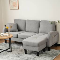 Merax 166cm L-Shaped Cotton-Linen Corner Sofa with Reversible Chaise Lounge in Light Grey - thumbnail 1
