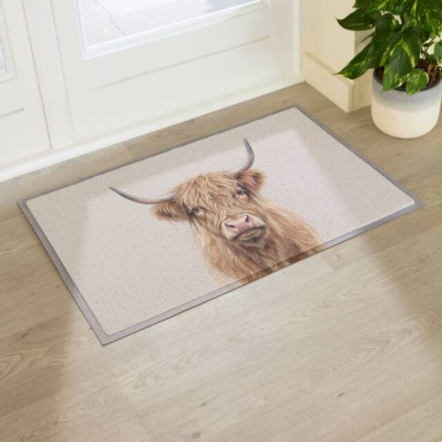 Artsy Mats Neutral Watercolour Highland Cow Doormat (90 x 60cm) in Beige - Size: 60 x 90 cm - image 1