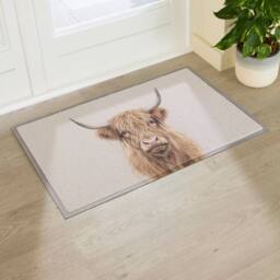 Artsy Mats Neutral Watercolour Highland Cow Doormat (90 x 60cm) in Beige - Size: 60 x 90 cm - thumbnail 1