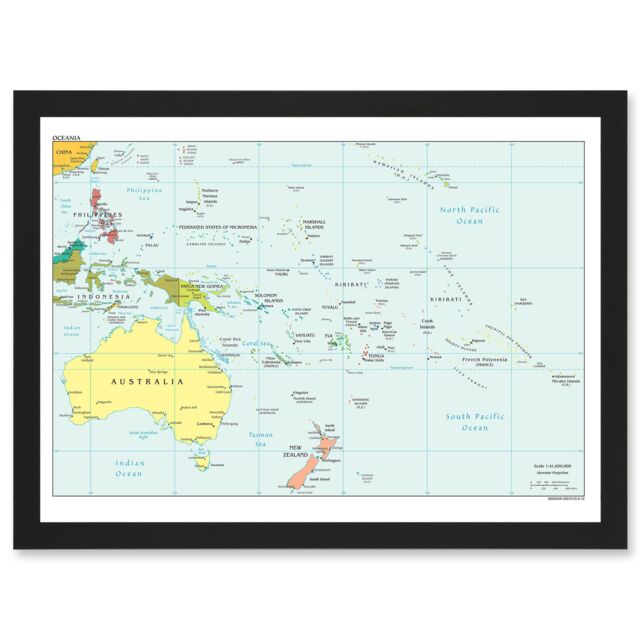 Artery8 Map Of Oceania Australia New Zealand Melanesia Micronesia Polynesia A4 Artwork Framed Wall Art Print in Black - image 1