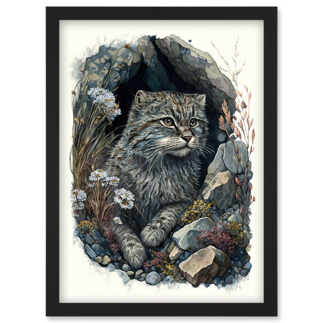 Artery8 Wild Cat in Rock Cavity with Wildflowers Detailed Watercolour Illustration Artwork Framed Wall Art Print A4 in Black - image 1
