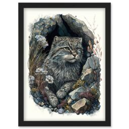Artery8 Wild Cat in Rock Cavity with Wildflowers Detailed Watercolour Illustration Artwork Framed Wall Art Print A4 in Black - thumbnail 1