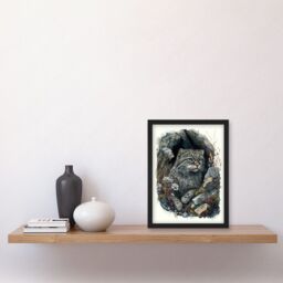 Artery8 Wild Cat in Rock Cavity with Wildflowers Detailed Watercolour Illustration Artwork Framed Wall Art Print A4 in Black - thumbnail 2