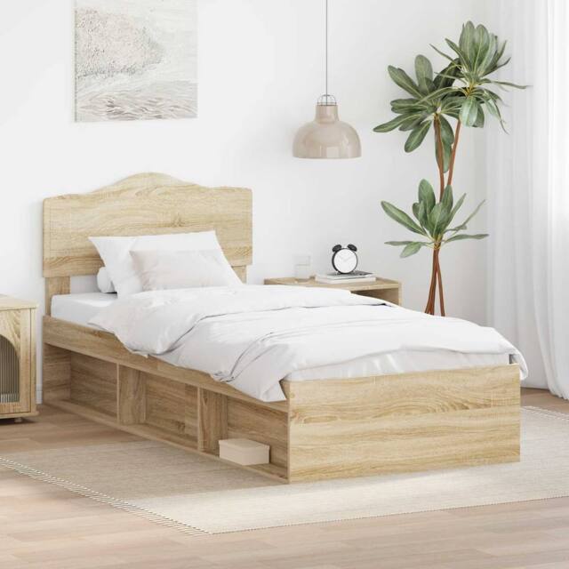 Berkfield Home Bed Frame with Headboard Sonoma Oak 75 x 190 cm Solid Pine Wood in Brown - image 1