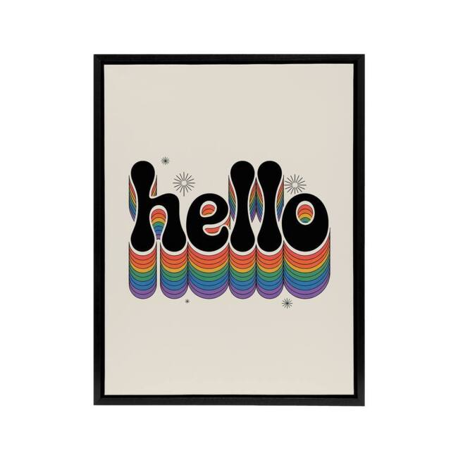 "Artery8 Hello Colourful Retro Rainbow Font Typography Framed Canvas Art Print in Beige - Size: W18"" x H24""" - image 1