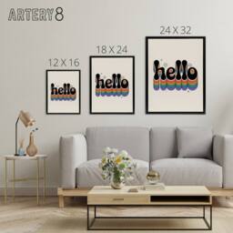 "Artery8 Hello Colourful Retro Rainbow Font Typography Framed Canvas Art Print in Beige - Size: W18"" x H24""" - thumbnail 4