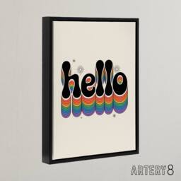 "Artery8 Hello Colourful Retro Rainbow Font Typography Framed Canvas Art Print in Beige - Size: W18"" x H24""" - thumbnail 2