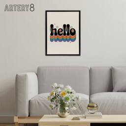 "Artery8 Hello Colourful Retro Rainbow Font Typography Framed Canvas Art Print in Beige - Size: W18"" x H24""" - thumbnail 3
