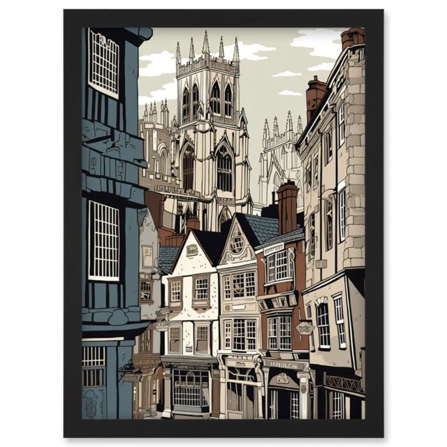 Artery8 Shambles Street Cityscape with York Minster Towers Artwork Framed Wall Art Print A4 in Black - image 1