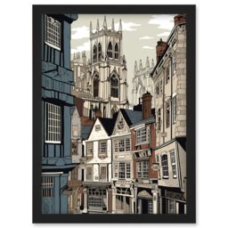 Artery8 Shambles Street Cityscape with York Minster Towers Artwork Framed Wall Art Print A4 in Black - thumbnail 1