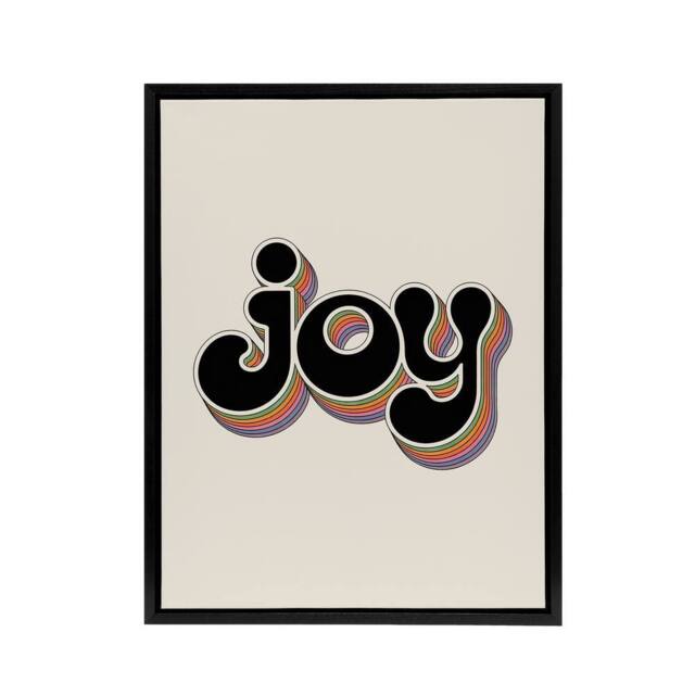 "Artery8 Joy Colourful Retro Rainbow Font Typography Framed Canvas Art Print in Beige - Size: W12"" x H16""" - image 1