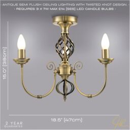 Happy Homewares Traditional Classic Chandelier Semi Flush Ceiling Light with Twisted Knot in Metallic Gold - thumbnail 6