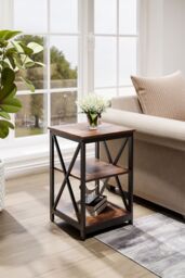 Living and Home Two Layer Vintage Wooden Square Side Table in Brown - thumbnail 1