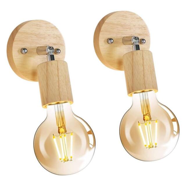 Goeco Pack of 2, Vintage Wall Lights, 350° Rotatable Wall Lamp, Wood, E27 in Natural - image 1