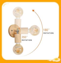 Goeco Pack of 2, Vintage Wall Lights, 350° Rotatable Wall Lamp, Wood, E27 in Natural - thumbnail 2